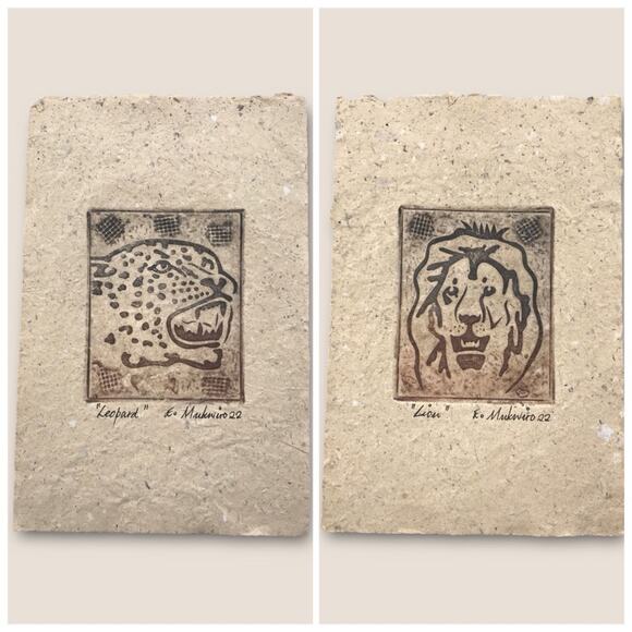 African Animal Print Etchings on Handmade Paper by Mukwiro "Leopard" & "Lion" - Picture 1 of 7